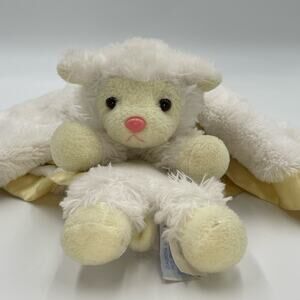 Aurora Baby 14" White Lamb Sheep Lovey Yellow Satin Trim Plush Security Blanket
